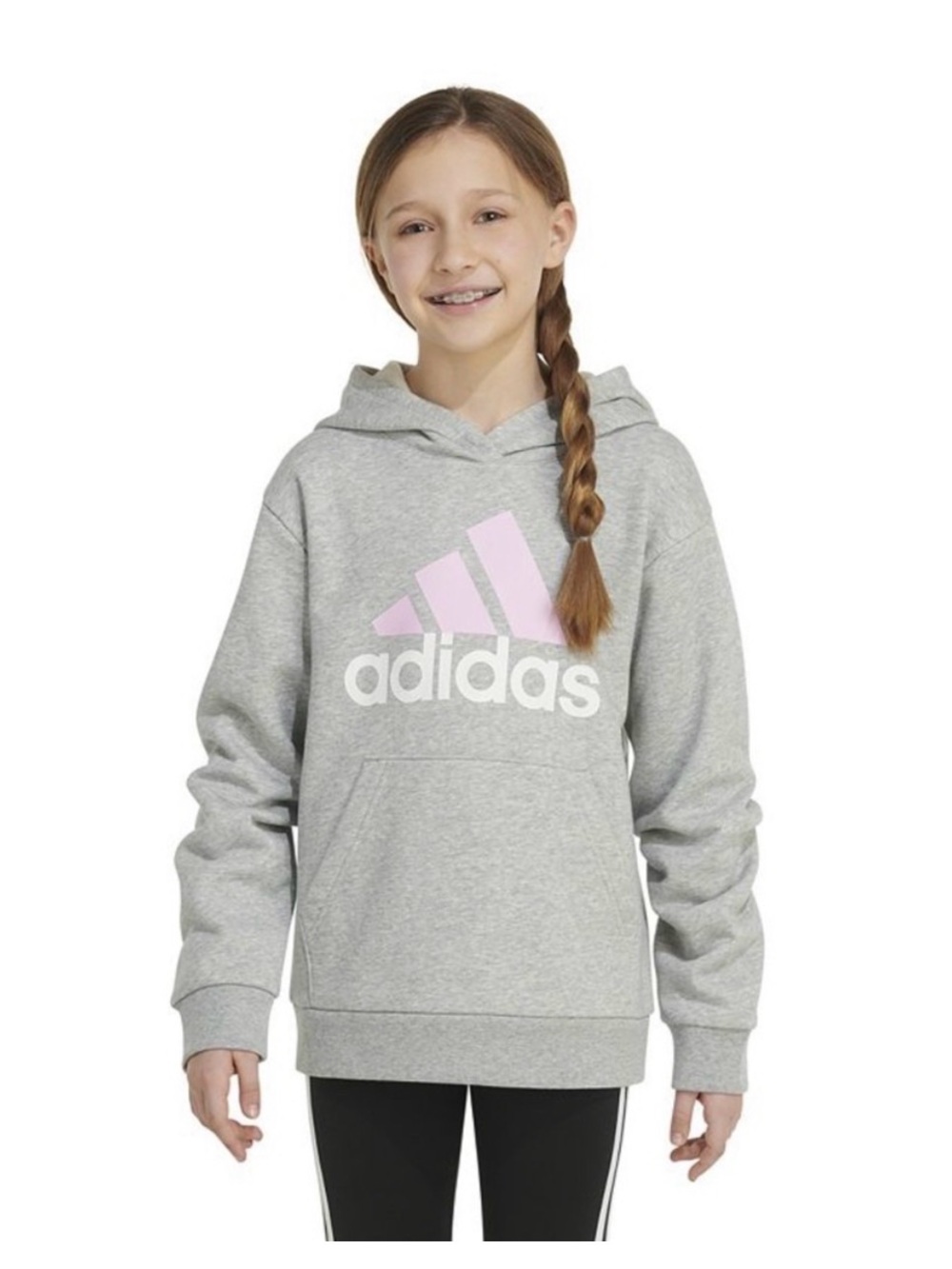 adidas Girls' Light Gray Pullover Hoodie with Pink Logo